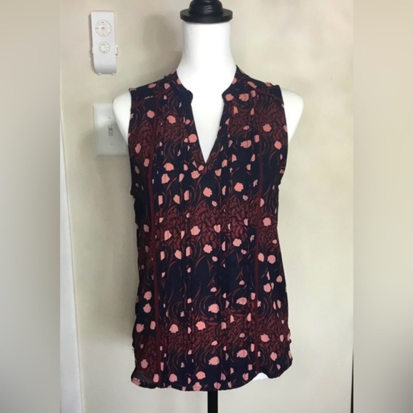 Alice Blue Tops - Alice blue Sleeveless Dark Blue Blouse with pink and salmon colored design